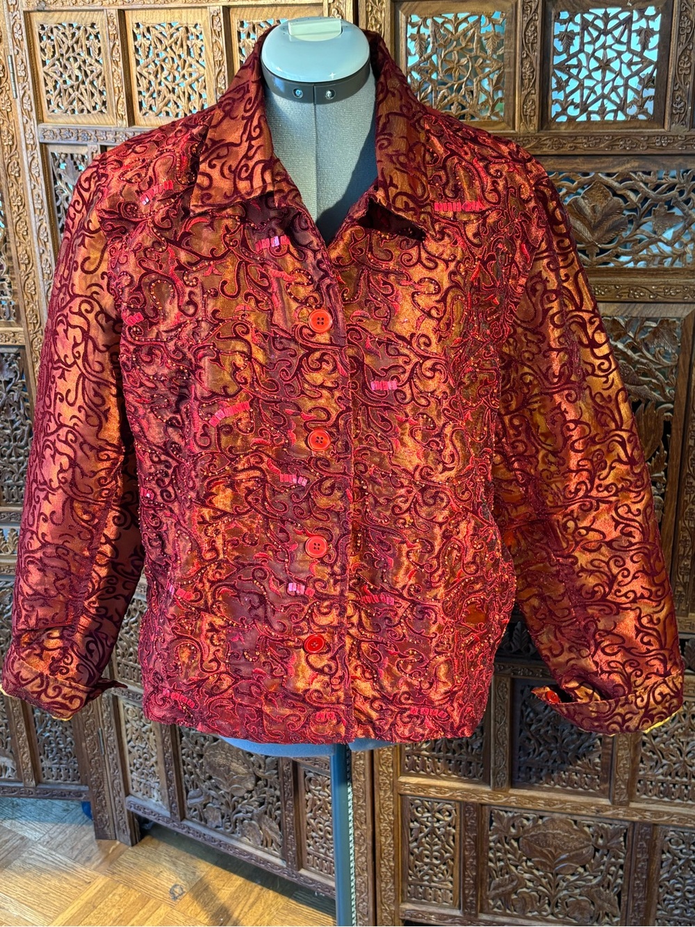 Coldwater Creek Red and Gold Embroidered Button-Down Jacket